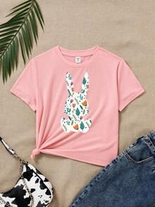 Áo thun ngắn tay họa tiết thỏ giản dị cho cô gái trẻ, hoàn hảo cho mùa hè - Màu Hồng  San hô - Xem 3