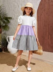 SHEIN Tween Girl Woven Striped Button Detail Vacation Mini Dress