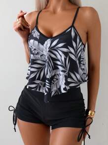 SHEIN Swim Conjunto Tankini de verano con parte superior tipo cami con dobladillo Hanky y estampado de plantas al azar y short de baño lateral con cordón para la playa