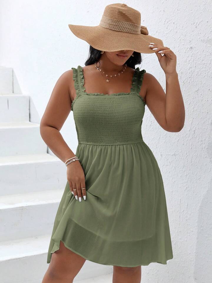 SHEIN VCAY Plus Size Boho Frill Trim Shirred Bodice Dress, For Summer