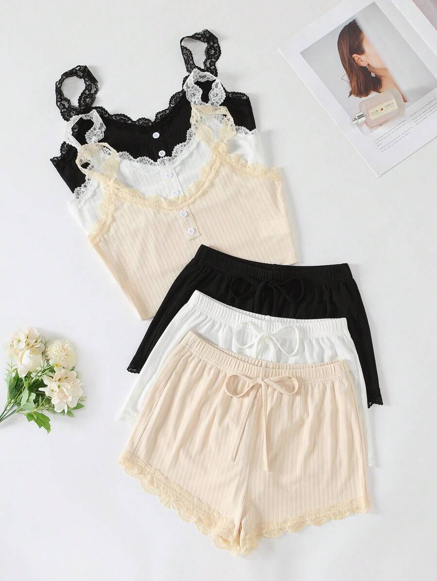 3 cái/bộ Của phụ nữ Nhà thoải mái Ren & Thiết kế nơ Bộ mặc nhà - Nhiều màu - Xem 1