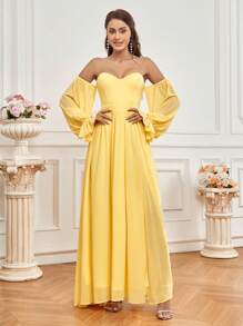 SHEIN Belle Ladies' Off Shoulder Split Bridesmaid Dress - Yellow - View 5