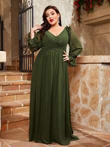 Plus Size V-Neck Ruffle Trim Flare Sleeve Chiffon Maxi Dress