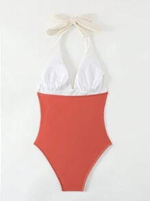 SHEIN Swim Summer Beach Color Blocking V-Neck Halter Neckline Slim Fit One-Piece Swimsuit - Multicolor - View 2