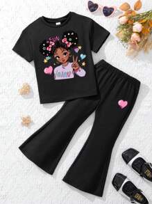 年輕女孩休閒簡約短袖圓領上衣和長褲2件套組合，適用於夏季 - 黑色 - 查看 1