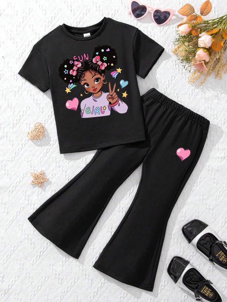 年輕女孩休閒簡約短袖圓領上衣和長褲2件套組合，適用於夏季 - 黑色 - 查看 1