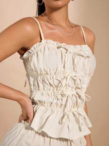 SHEIN BAE White Camisole Top With Scalloped Edges, Bow Decor, Short Length, Sweet, Sexy, Perfect For Daily Wear - White - View 6
