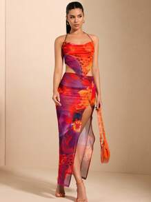 SHEIN BAE 女士橙色夏季熱情花印花寬鬆領吊掛上衣和高斜裁紋長透視裙2件套