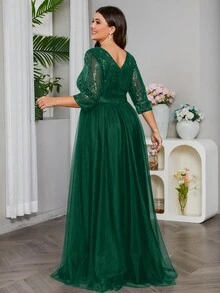 Vestido formal de gala de talla grande para mujer, con lentejuelas y corte evasé - Verde Oscuro - Ver 2
