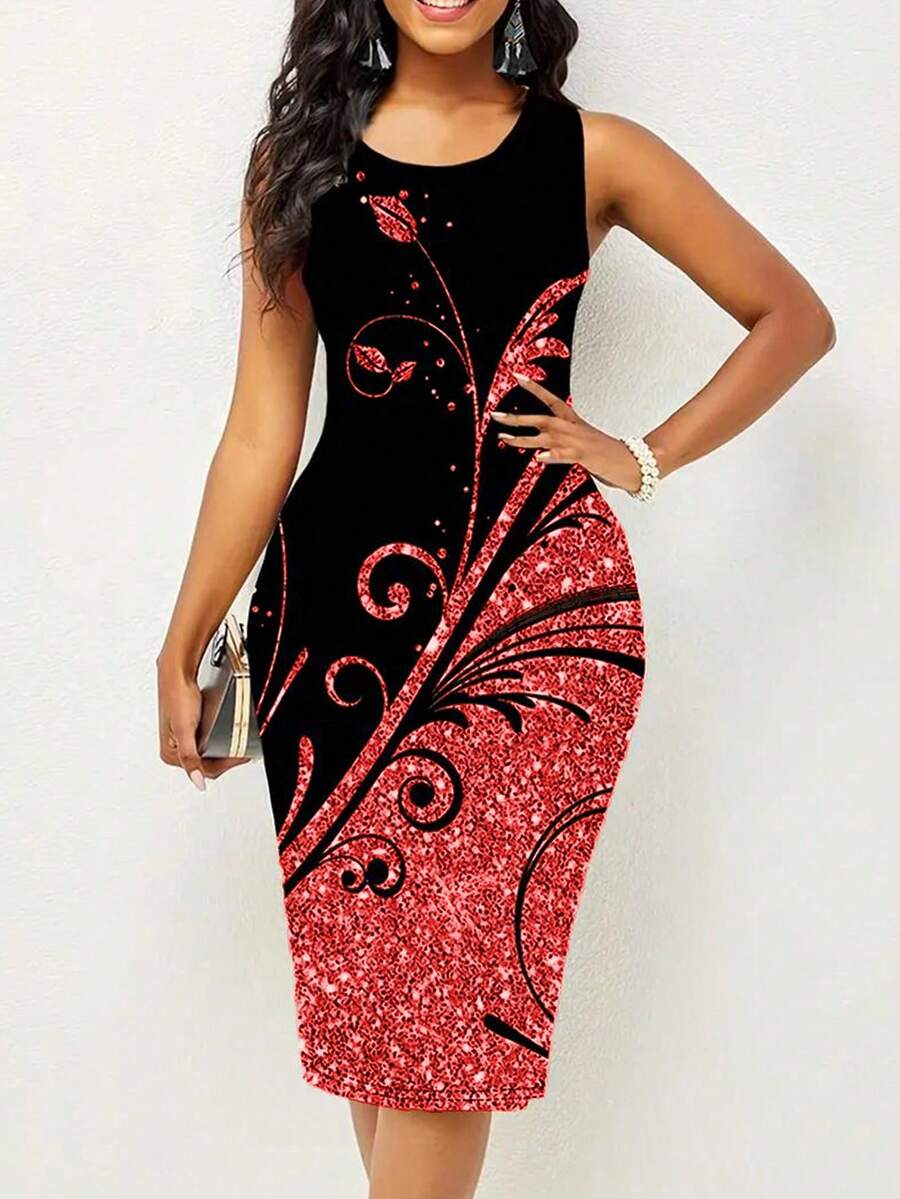 SHEIN Clasi 植物印花大碼修身連衣裙 - 紅色 - 查看 1