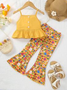 SHEIN Juego de 2 piezas para niña joven con blusa corta y pantalones acampanados en color naranja con diseño floral para vacaciones - Amarillo - Ver 1