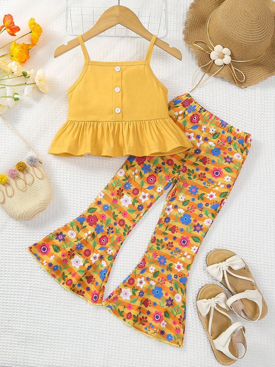 SHEIN Juego de 2 piezas para niña joven con blusa corta y pantalones acampanados en color naranja con diseño floral para vacaciones - Amarillo - Ver 1