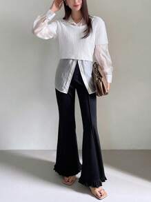 FRIFUL Women's Solid Color Toothpick Slim Fit Flare Pants With Ruffled Hem