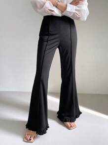 FRIFUL Women's Solid Color Toothpick Slim Fit Flare Pants With Ruffled Hem