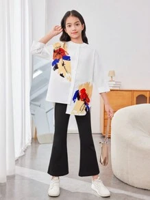 SHEIN Chemise ample, mignonne, à motif floral pour filles préadolescentes avec col châle et ourlet asymétrique, pour sorties quotidiennes