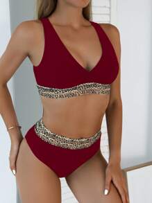 SHEIN Swim Women's Leopard Splice Two-Piece Bikini Set Summer Beach