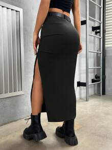 SHEIN PETITE Women's Side Slit Long Skirt - Black - View 2