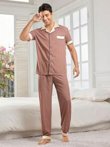 男士格纹短袖长裤家居服套装 - 棕色 - 查看 3
