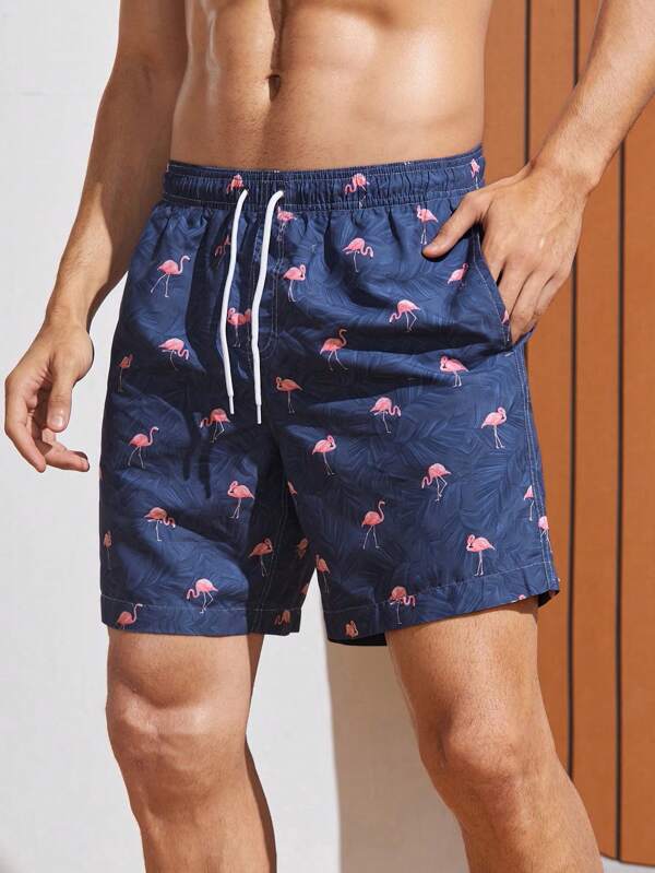 Manfinity Swimmode Pantalones de baño con cordón en la cintura con estampado de flamencos para hombre, estilo hawaiano