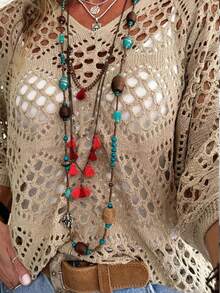 Plus Size Women Hollow Out Loose Knit Sweater - Khaki - View 5