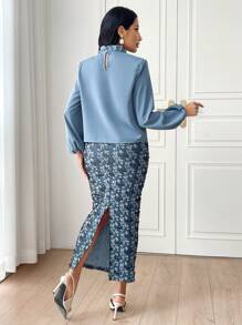 Modelyn Solid Color Lantern Sleeve Casual Top And All-Over Printed Hip Skirt - Dusty Blue - View 2