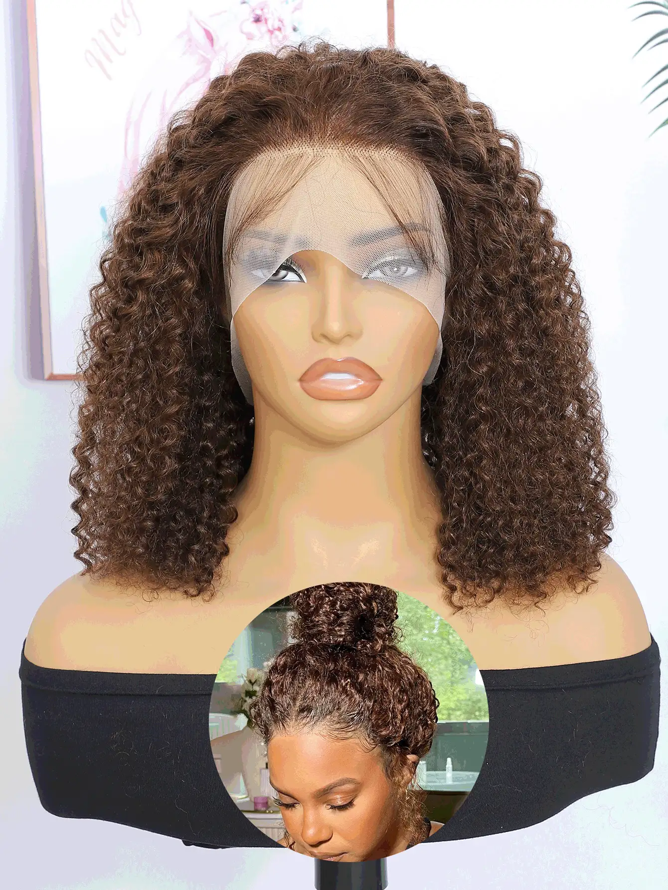 Kinky Curly 360 Lace Front Wigs Human Hair Chocolate Brown #4 Colored Lace Frontal Human Hair Wig Pre-Plucked With Baby Hairs
