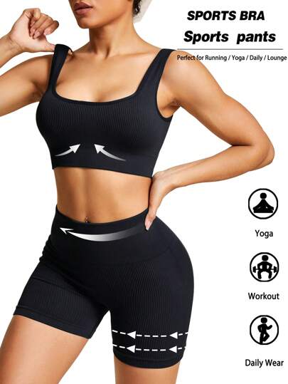 SHEIN Sports 女士纯色露背短款上衣和短裤运动套装女士健身套装