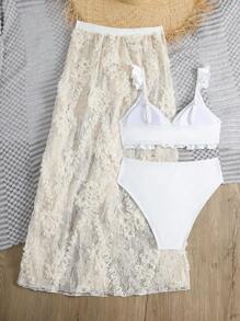 Teen Girls Ruffle Trim Bikini Set With Beach Skirt Summer Beach - White - View 2