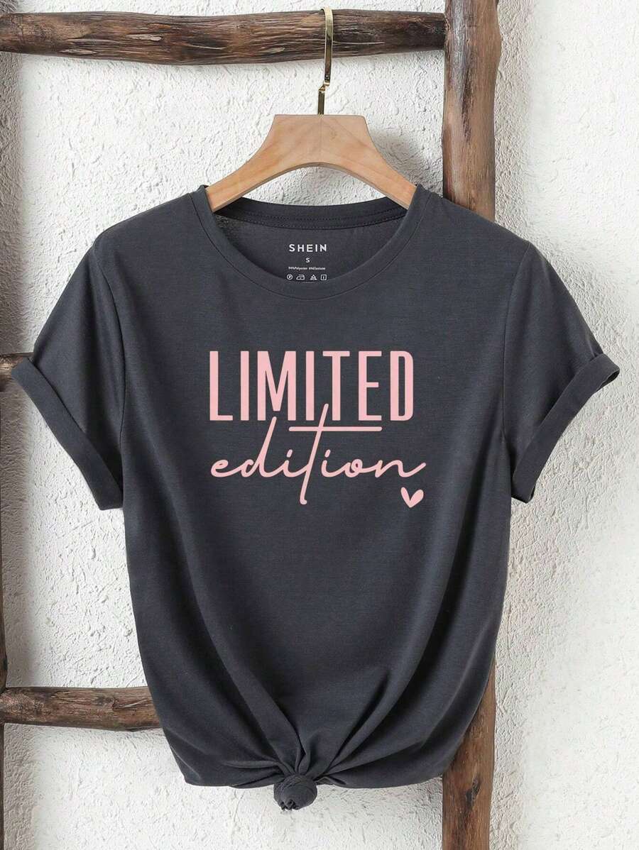 Flirla Plus Size Casual Letter Print T-Shirt LIMITED Edition Women Graphic Tee Top For Summer - Dark Grey - View 1