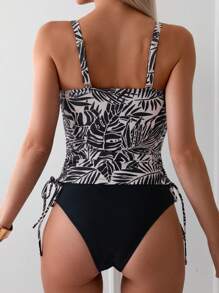 SHEIN Swim Summer Beach Tropical Printed Cami Tankini Set With Separate Bottom - Black and White - View 2