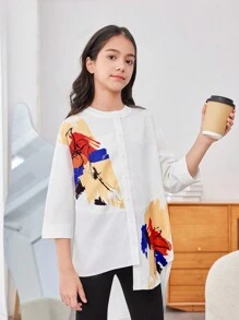 SHEIN Chemise ample, mignonne, à motif floral pour filles préadolescentes avec col châle et ourlet asymétrique, pour sorties quotidiennes