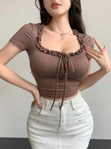 女式修身方领T恤，夏季修身剪裁，女式短款上衣 - 棕色 - 查看 4