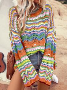 SHEIN LUNE Suéter Con Hombros Caídos Y Estampado De Ondas De Colores Para Mujer, Perfecto Para Vacaciones