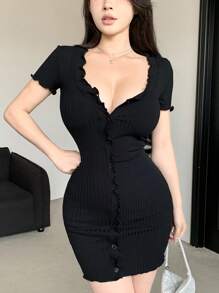DAZY Women's V-Neck Button Front Bodycon Short Sleeve Dress Summer Sundress,Mini Dress