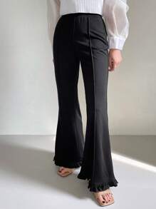 FRIFUL Women's Solid Color Toothpick Slim Fit Flare Pants With Ruffled Hem