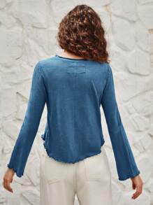 Bohemela Women's Solid Color Round Neck Bell Sleeves T-Shirt With Ruffle Hem