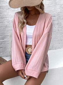 SHEIN Holidaya Textured Chất vải Áo len Mở Giải trí Kỳ nghỉ Áo khoác - Hồng - Xem 6