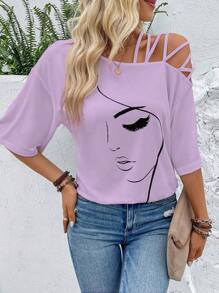 Portrait Pattern Printed Asymmetrical Neck Casual T-Shirt Graphic Tees Women Tops - Mauve Purple - View 3