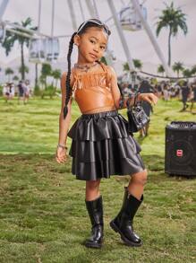 SHEIN Young Girl Music Festival 2pcs/Set Pu Fringe Camisole Top And Pu Skirt Suit, Suitable For Daily Party Performance, Summer