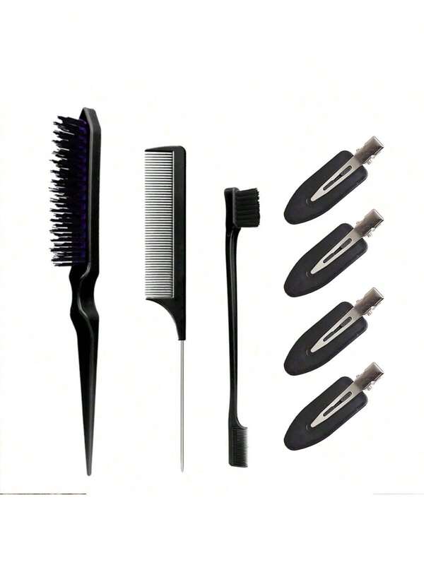 7 Pieces Smooth And Shiny Hair Styling Set - Teasing Brush, Rat Tail Comb, And Edge Brush For Women's Hair Care - 4Pcs No Bend Hair Clips - Styling Clips For Salon Hairstyle, No Crease, No Dent, Perfect For Bangs, Waves, And Makeup Application - Achieve Perfect Back Brushing And Slicking Hair Brush,Hair Brush,Comb,Hair Tools,Hair Products And Accessories For Barber Salon Beauty Travel Essentials