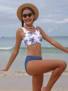 Conjunto de bikini sin aros con estampado de árbol de coco para chica adolescente, para playa de verano