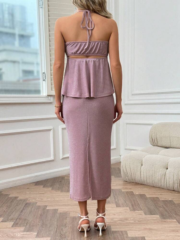 Maternity Fashionable Drawstring Halter Top & A-Line Skirt Two Pieces Set