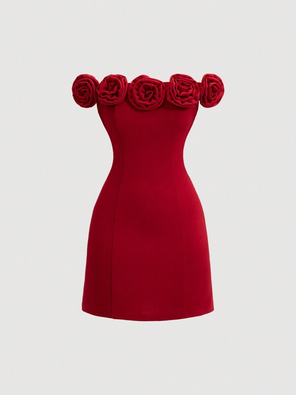SHEIN MOD Vestido rojo sólido con hombros descubiertos y flores 3D para mujer
