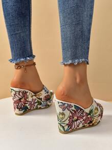 Women's Printed Wedge Platform Sandals, Fashionable Personality Thick Bottom Slope Heel Slippers