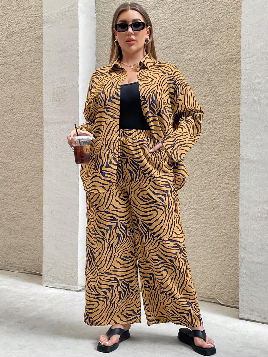 SHEIN Essnce 女士大码夏季度假户外防晒衬衫和裤子两件套 - 彩色 - 查看 1