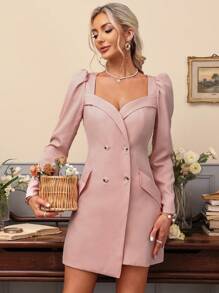 GENKIRA Women's Elegant Pink Button Decor Long Sleeve Dress - Pink - View 4