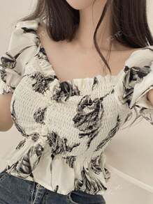 Blusa corta con cuello y mangas con volantes, diseño lindo y femenino para mujer, verano 2025