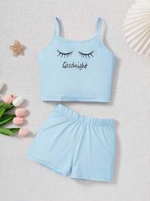SHEIN Tween Girl Dệt kim Khẩu hiệu dễ thương & Áo yếm in lông mi trên và quần short Bộ đồ mặc nhà thông thường - Màu xanh nhạt - Xem 1