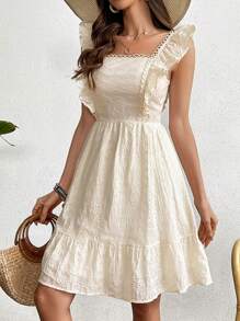 Solid Square Neck Ruffle Armhole Lace Trim Schiffy Dress - Apricot - View 1