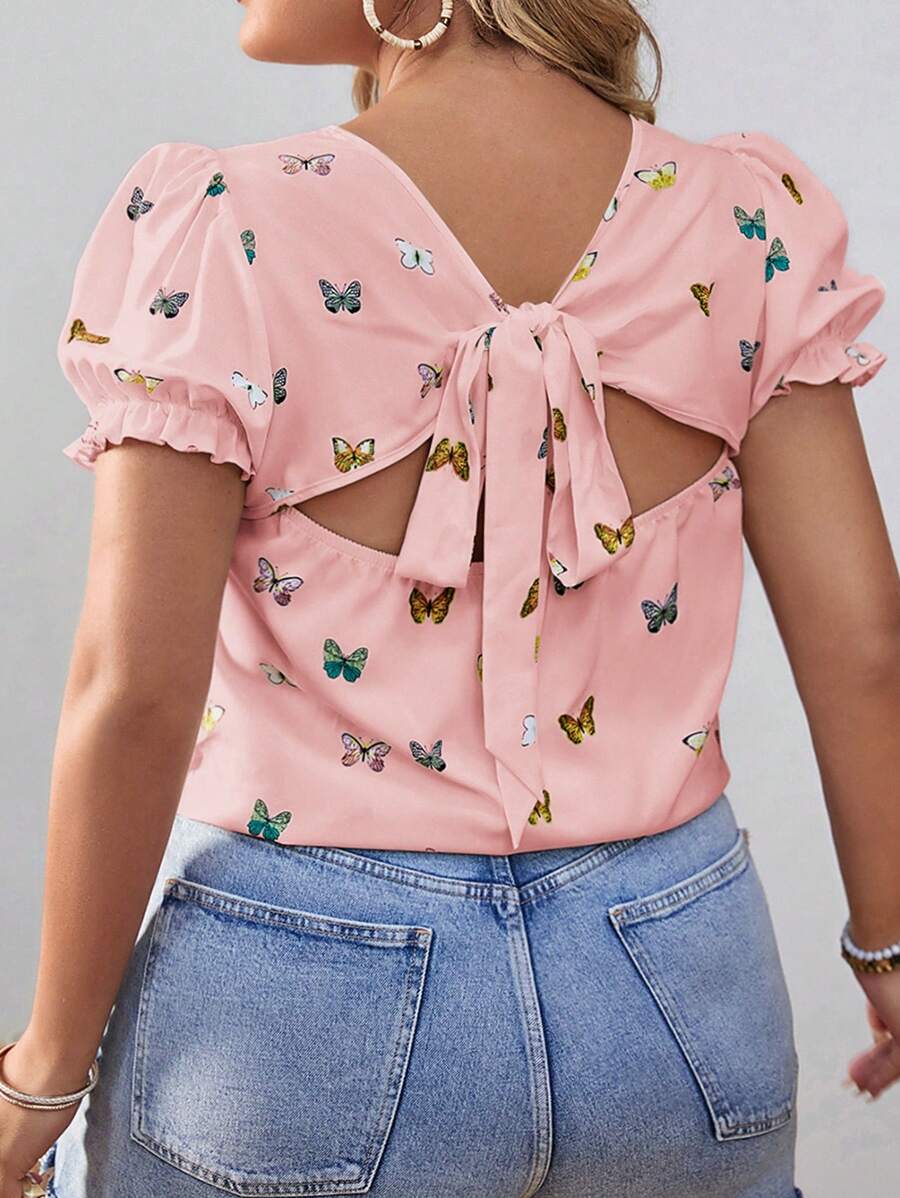 SHEIN VCAY Blusa bohemia de espalda abierta con mariposa para mujer de talla grande, para el verano - Rosa - Ver 1